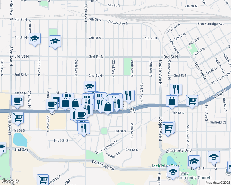 map of restaurants, bars, coffee shops, grocery stores, and more near 102 22nd Avenue North in St. Cloud