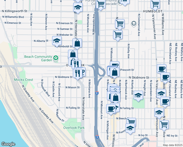 map of restaurants, bars, coffee shops, grocery stores, and more near 4326 North Montana Avenue in Portland