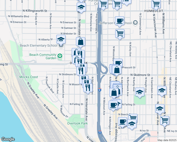 map of restaurants, bars, coffee shops, grocery stores, and more near 4412 North Maryland Avenue in Portland