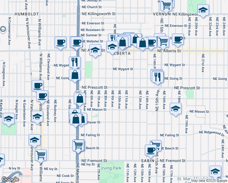 map of restaurants, bars, coffee shops, grocery stores, and more near 4404 Northeast 9th Avenue in Portland