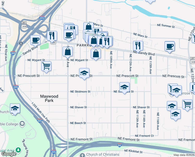 map of restaurants, bars, coffee shops, grocery stores, and more near 10636 Northeast Prescott Street in Portland