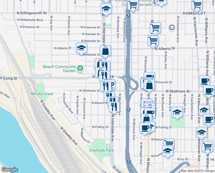 map of restaurants, bars, coffee shops, grocery stores, and more near 4330 North Interstate Avenue in Portland