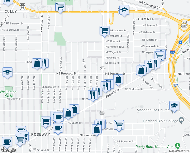 map of restaurants, bars, coffee shops, grocery stores, and more near 4443 Northeast 81st Avenue in Portland