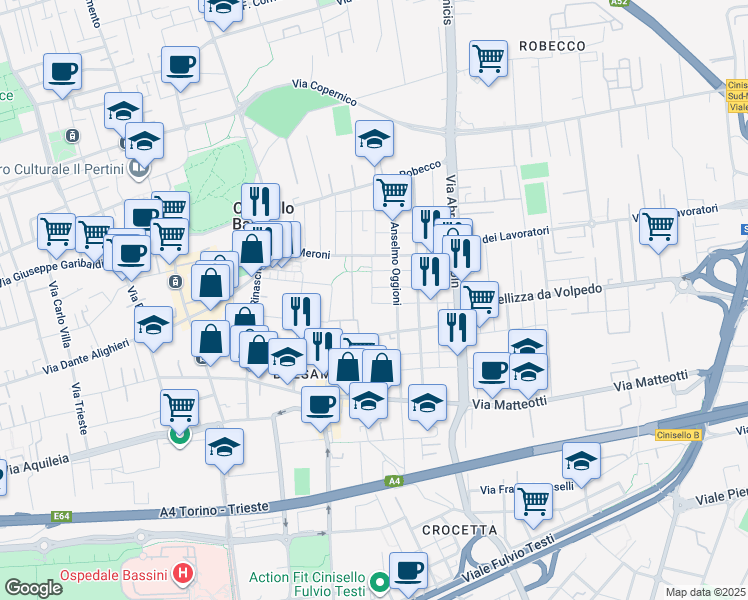 map of restaurants, bars, coffee shops, grocery stores, and more near 9 Via Grazia Deledda in Cinisello Balsamo