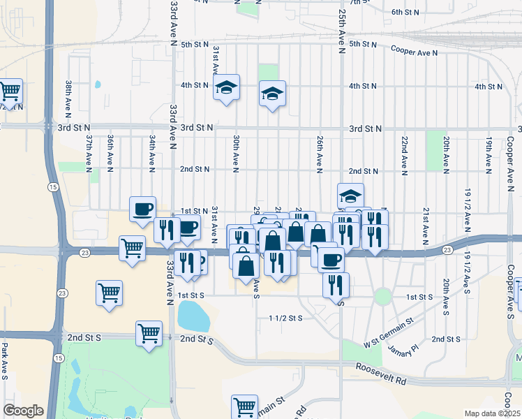 map of restaurants, bars, coffee shops, grocery stores, and more near 102 29th Avenue North in St. Cloud