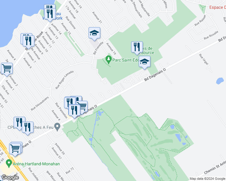 map of restaurants, bars, coffee shops, grocery stores, and more near 617 Rue Maheux in Laval