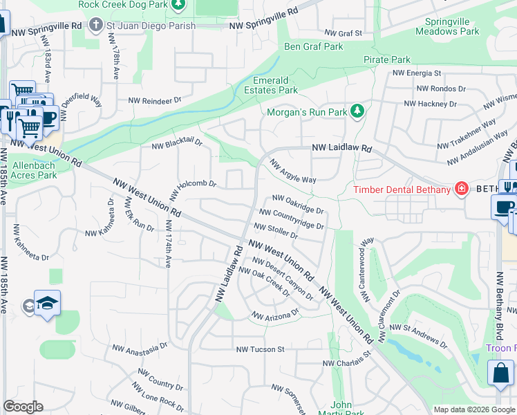 map of restaurants, bars, coffee shops, grocery stores, and more near 16977 Northwest Oakridge Drive in Portland
