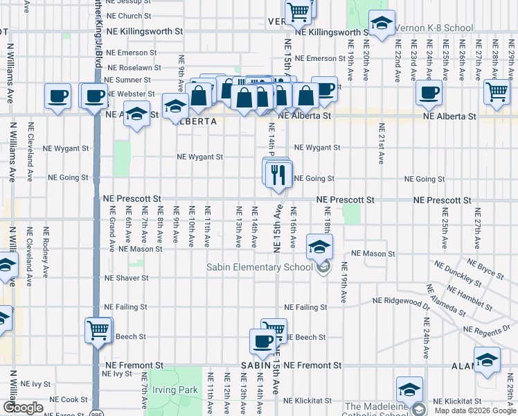 map of restaurants, bars, coffee shops, grocery stores, and more near 4406 Northeast 14th Avenue in Portland
