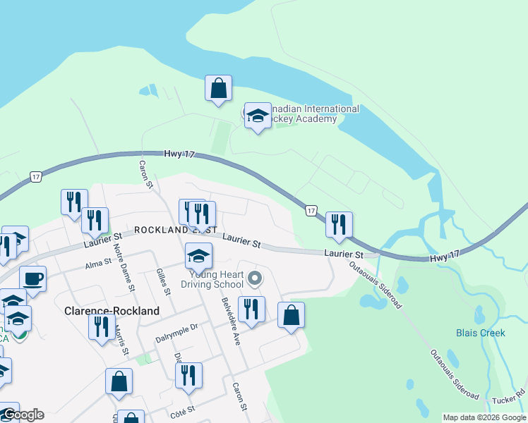 map of restaurants, bars, coffee shops, grocery stores, and more near 411 Yves Street in Clarence-Rockland