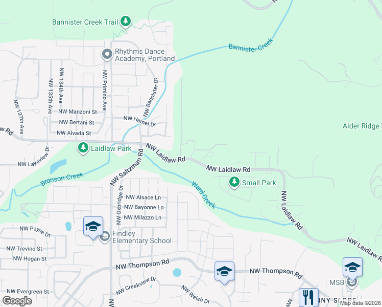 map of restaurants, bars, coffee shops, grocery stores, and more near 4949 Northwest Deerhaven Terrace in Portland