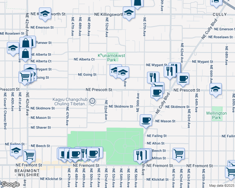map of restaurants, bars, coffee shops, grocery stores, and more near 5242 Northeast Prescott Street in Portland