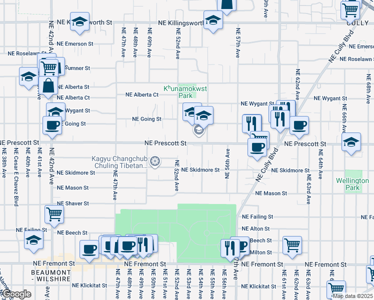 map of restaurants, bars, coffee shops, grocery stores, and more near 5242 Northeast Prescott Street in Portland