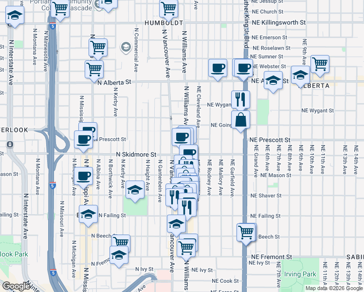 map of restaurants, bars, coffee shops, grocery stores, and more near 4357 North Williams Avenue in Portland