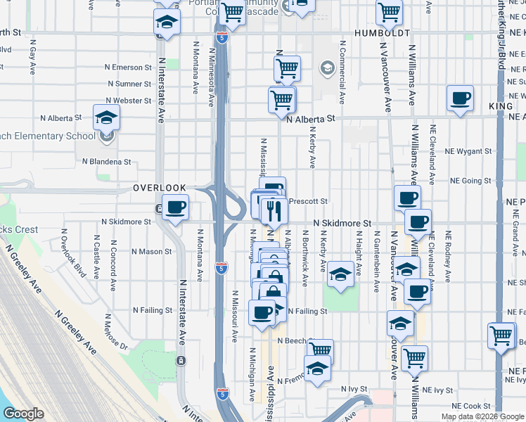 map of restaurants, bars, coffee shops, grocery stores, and more near 4322 North Mississippi Avenue in Portland