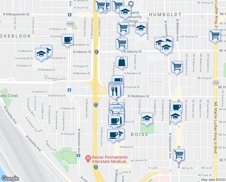 map of restaurants, bars, coffee shops, grocery stores, and more near 4322 North Mississippi Avenue in Portland