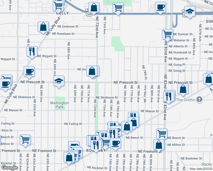 map of restaurants, bars, coffee shops, grocery stores, and more near 4448 Northeast 73rd Avenue in Portland