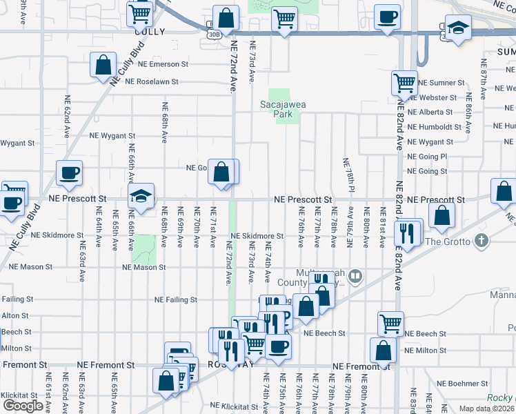 map of restaurants, bars, coffee shops, grocery stores, and more near 4448 Northeast 73rd Avenue in Portland
