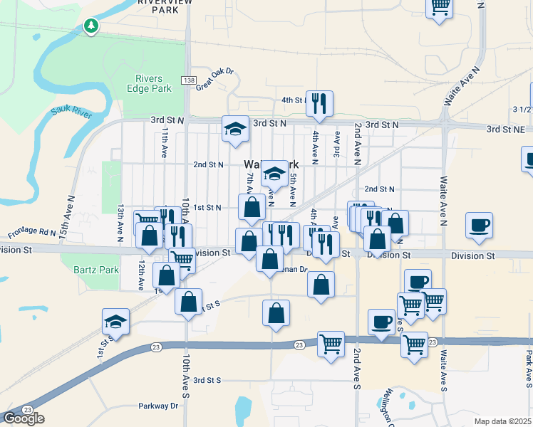 map of restaurants, bars, coffee shops, grocery stores, and more near 51 6th Avenue North in Waite Park