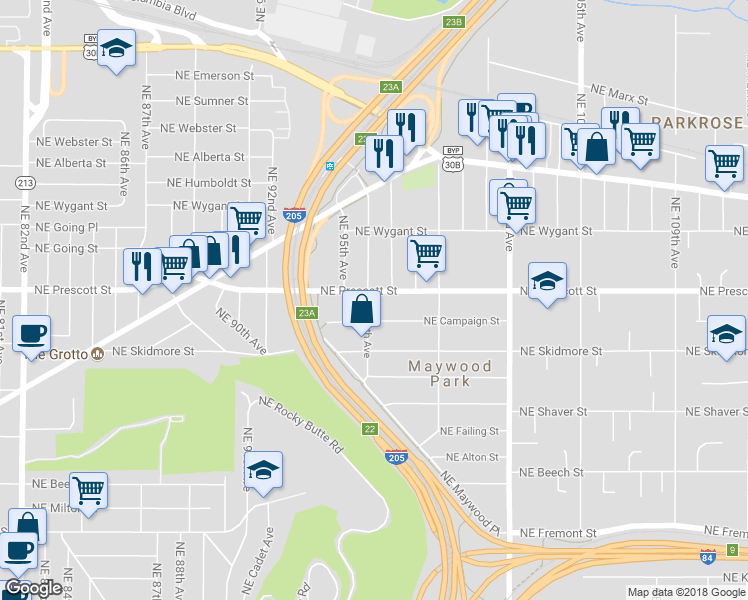 map of restaurants, bars, coffee shops, grocery stores, and more near 9608 Northeast Prescott Street in Portland