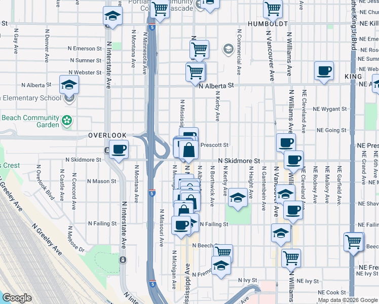 map of restaurants, bars, coffee shops, grocery stores, and more near 4330 North Mississippi Avenue in Portland