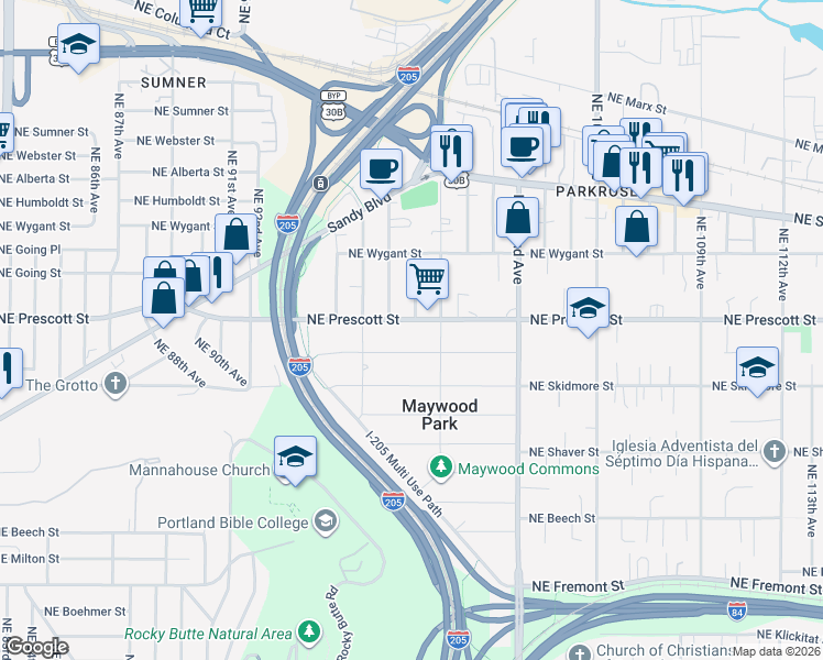 map of restaurants, bars, coffee shops, grocery stores, and more near 9724 Northeast Prescott Street in Portland