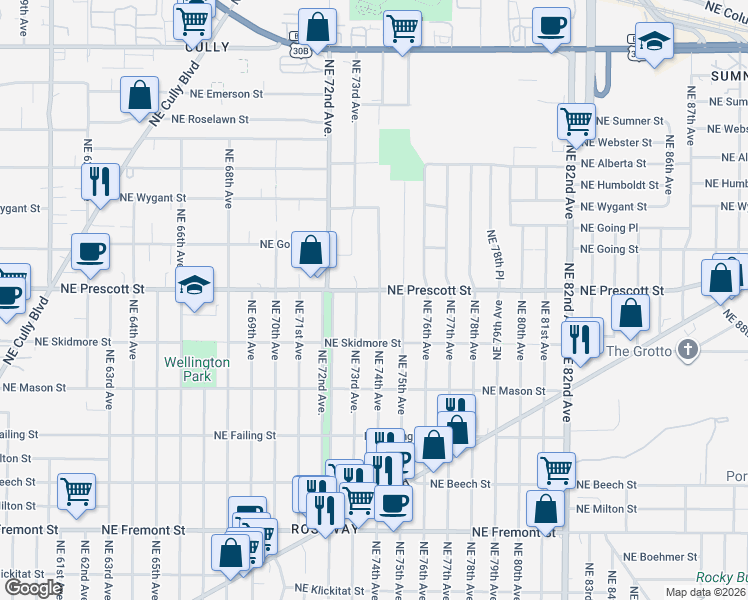 map of restaurants, bars, coffee shops, grocery stores, and more near 4435 Northeast 74th Avenue in Portland