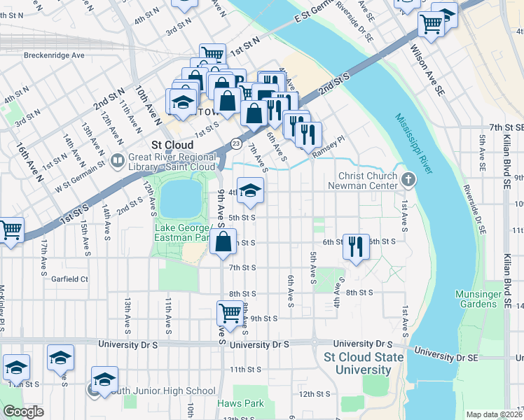map of restaurants, bars, coffee shops, grocery stores, and more near 427 7th Avenue South in St. Cloud
