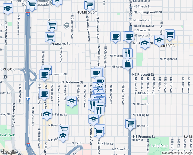 map of restaurants, bars, coffee shops, grocery stores, and more near 4357 North Williams Avenue in Portland