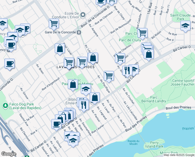 map of restaurants, bars, coffee shops, grocery stores, and more near 298 Rue Montmorency in Laval