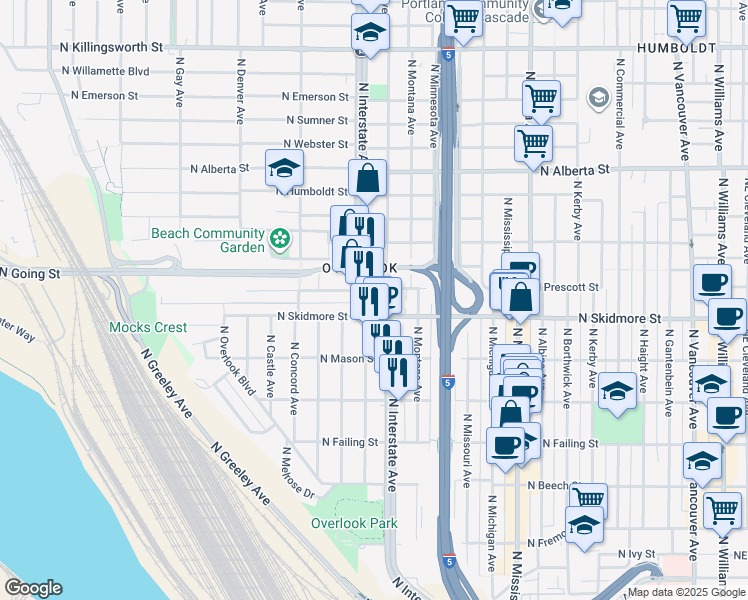 map of restaurants, bars, coffee shops, grocery stores, and more near 1450 North Prescott Street in Portland