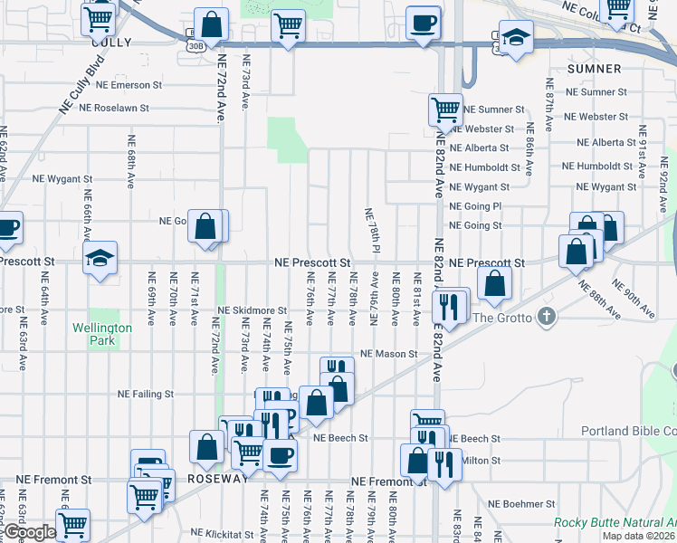 map of restaurants, bars, coffee shops, grocery stores, and more near 4440 Northeast 77th Avenue in Portland