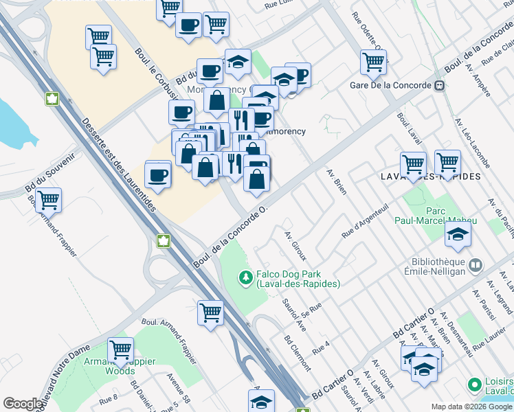 map of restaurants, bars, coffee shops, grocery stores, and more near 249 Boulevard de la Concorde Ouest in Laval