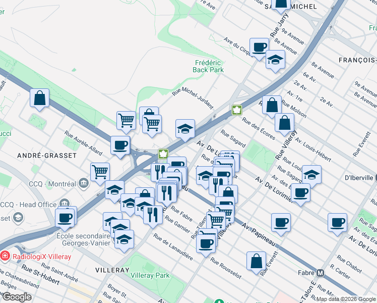 map of restaurants, bars, coffee shops, grocery stores, and more near 8152 Rue de Bordeaux in Montréal