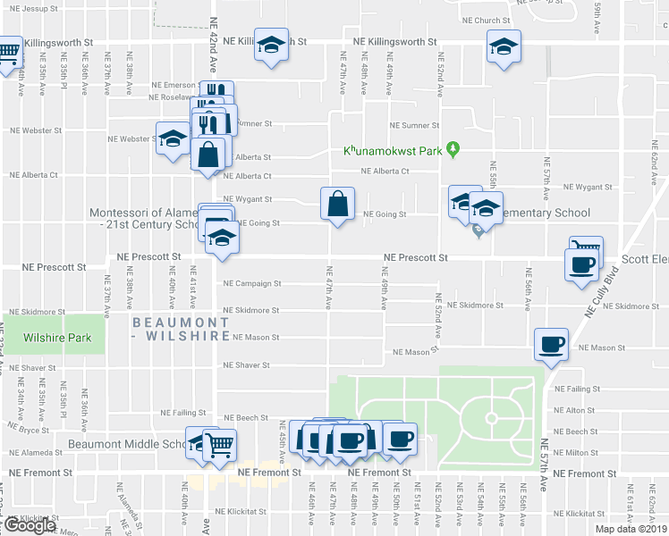 map of restaurants, bars, coffee shops, grocery stores, and more near 4434 Northeast 47th Avenue in Portland