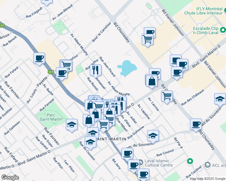 map of restaurants, bars, coffee shops, grocery stores, and more near 670 Rue Pouliot in Laval