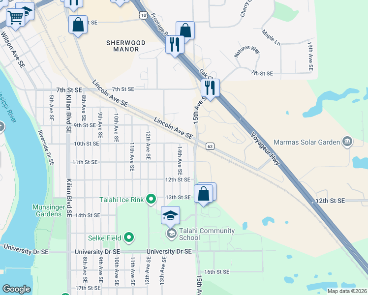 map of restaurants, bars, coffee shops, grocery stores, and more near 1002 14th Avenue Southeast in St. Cloud