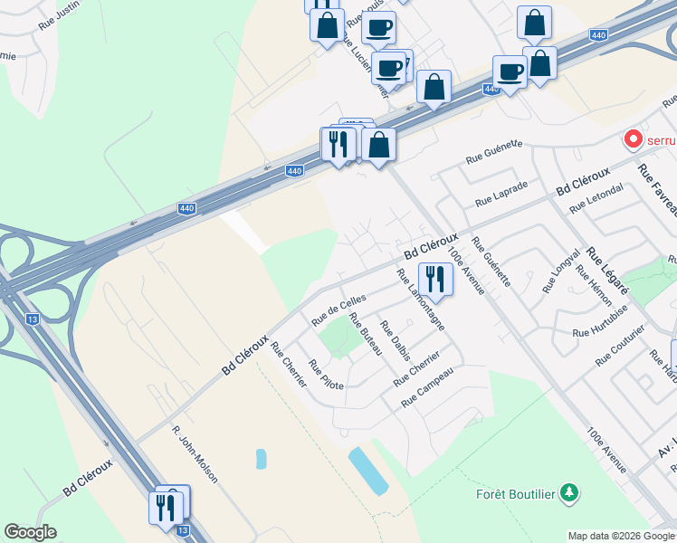 map of restaurants, bars, coffee shops, grocery stores, and more near 4935 Boulevard Cléroux in Laval