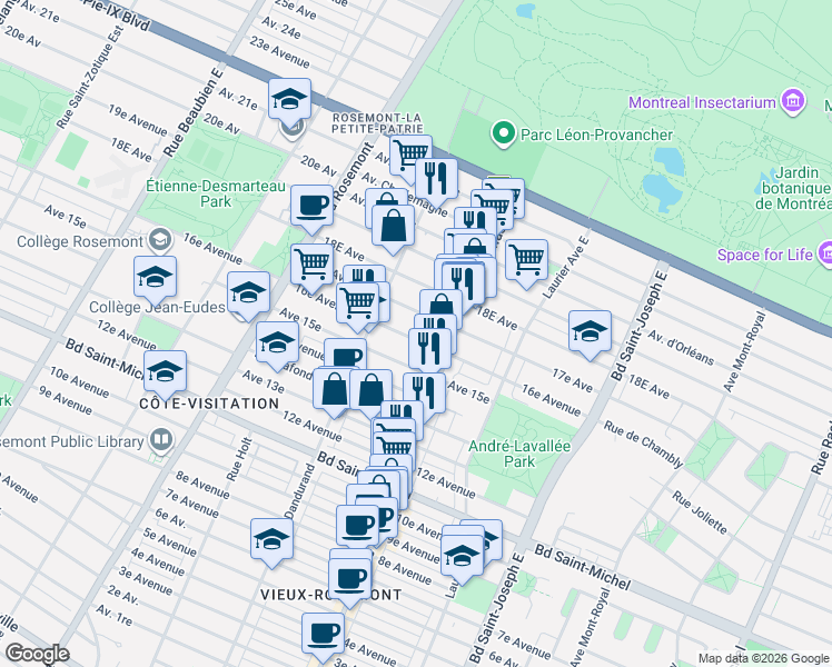 map of restaurants, bars, coffee shops, grocery stores, and more near 5457 16e Avenue in Montréal