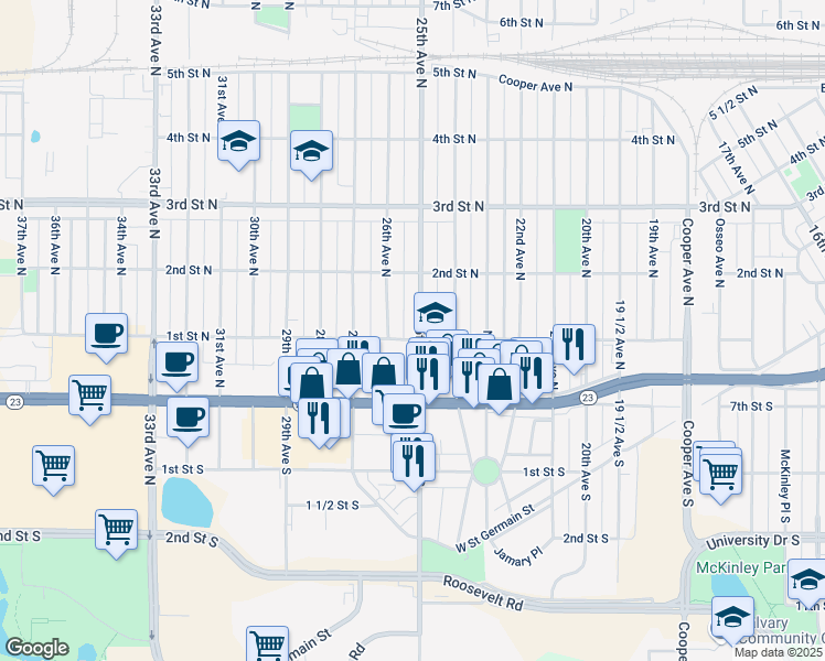 map of restaurants, bars, coffee shops, grocery stores, and more near 103 25th Avenue North in St. Cloud