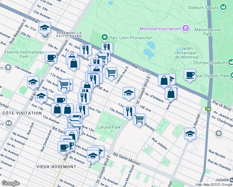 map of restaurants, bars, coffee shops, grocery stores, and more near 5175 18e Avenue in Montréal
