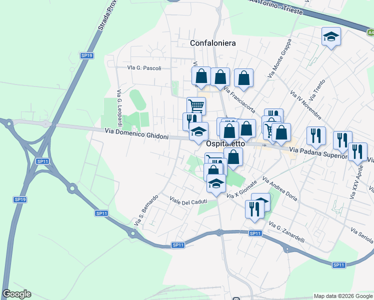 map of restaurants, bars, coffee shops, grocery stores, and more near 19 Via San Bernardo in Ospitaletto