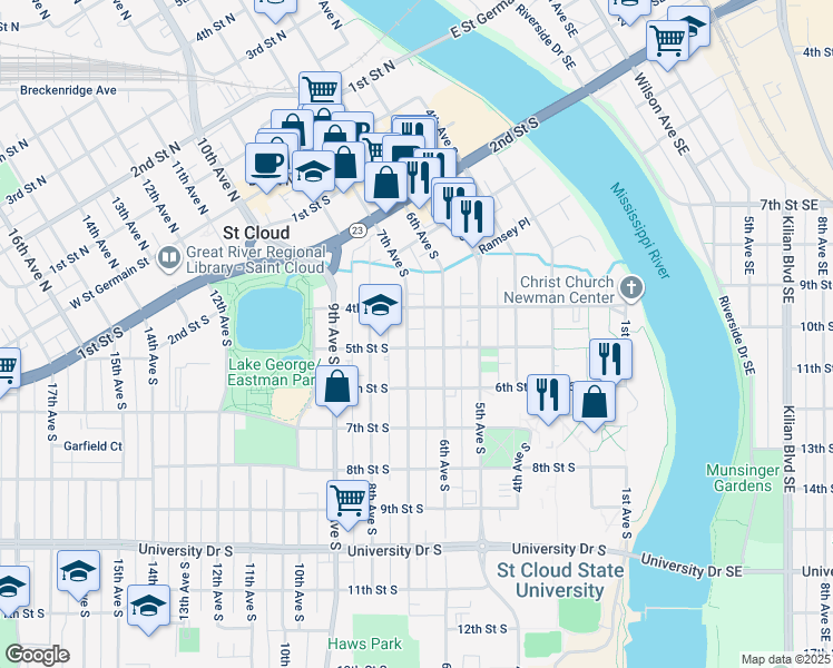 map of restaurants, bars, coffee shops, grocery stores, and more near 420 7th Avenue South in St. Cloud