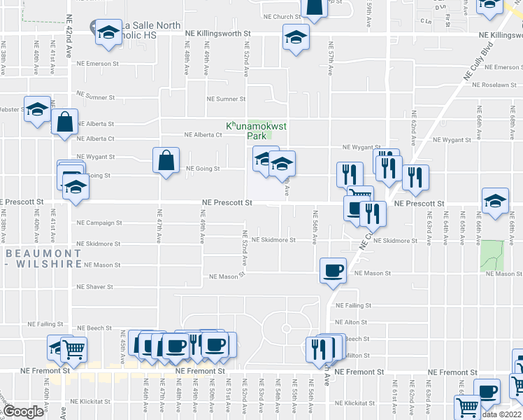 map of restaurants, bars, coffee shops, grocery stores, and more near 5242 Northeast Prescott Street in Portland