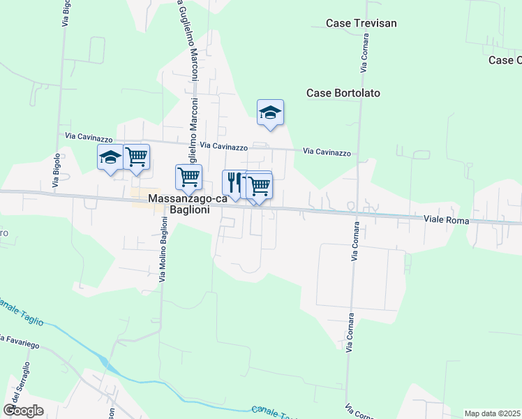 map of restaurants, bars, coffee shops, grocery stores, and more near 212 Via Giuseppe Toniolo in Massanzago-ca' Baglioni