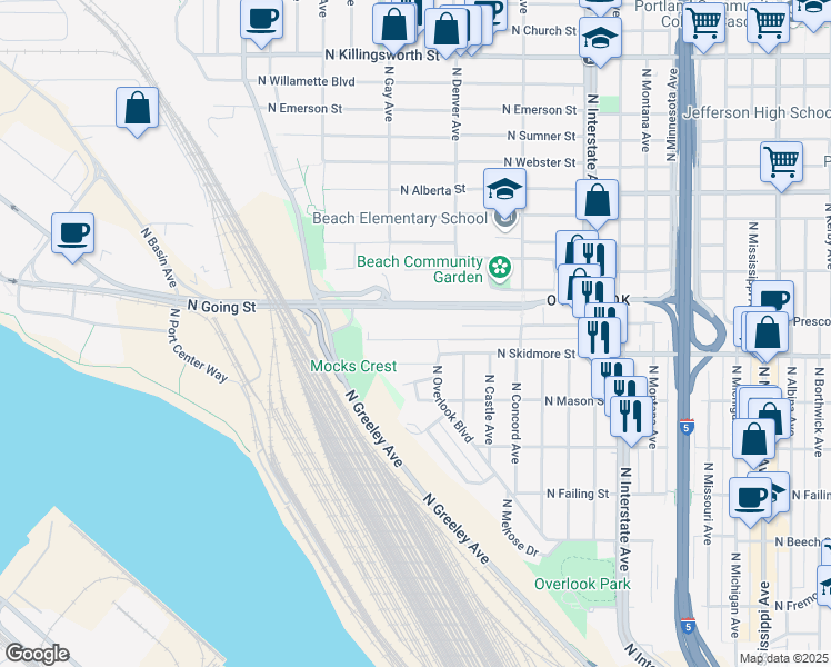 map of restaurants, bars, coffee shops, grocery stores, and more near 2037 North Skidmore Court in Portland