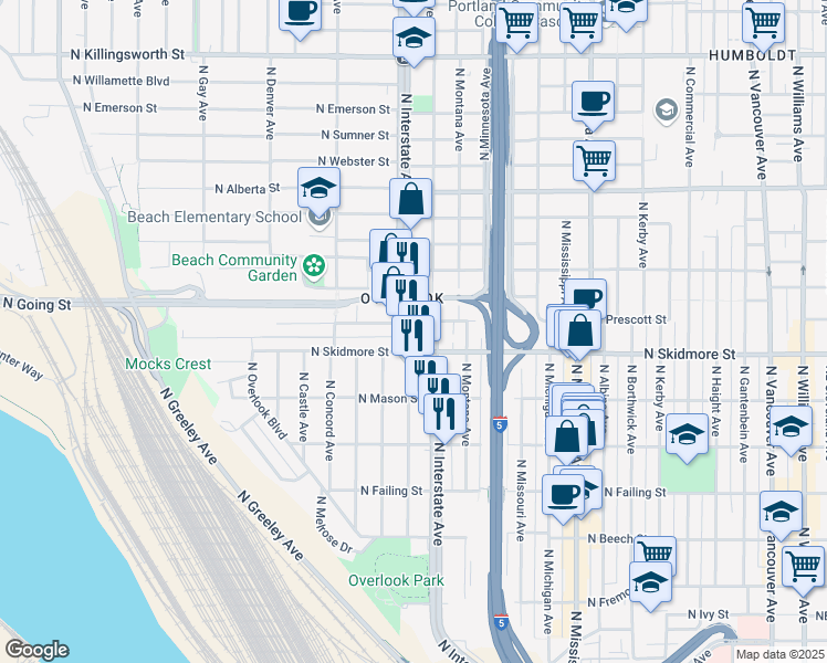 map of restaurants, bars, coffee shops, grocery stores, and more near 4330 North Interstate Avenue in Portland