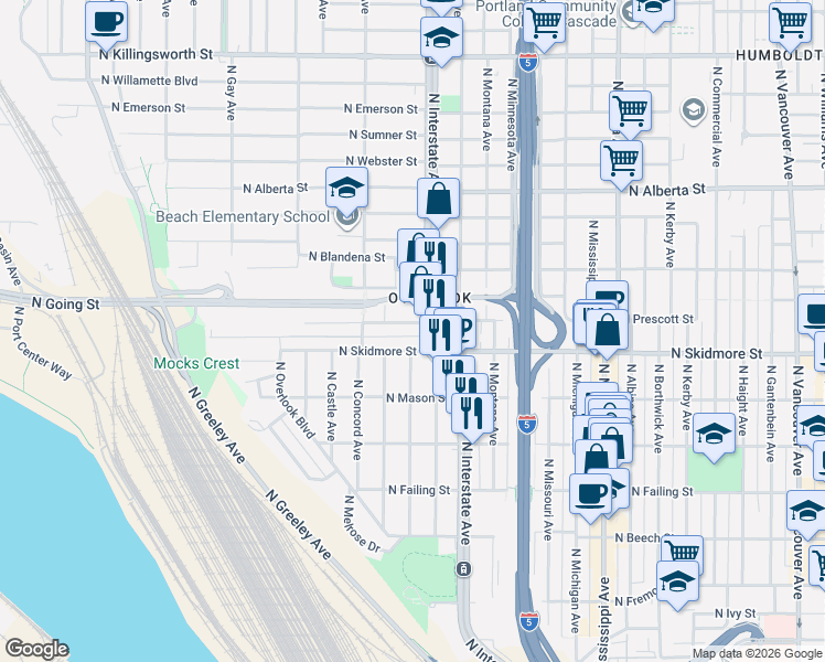 map of restaurants, bars, coffee shops, grocery stores, and more near 1571 North Skidmore Street in Portland