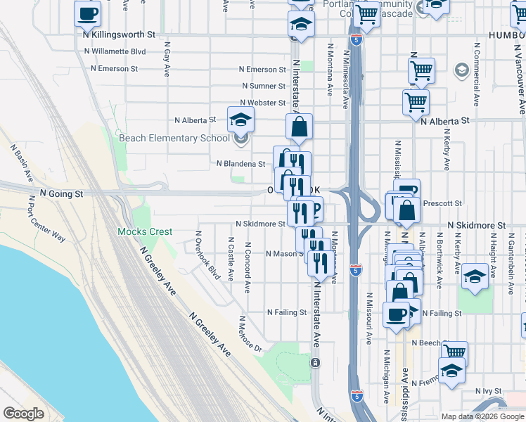 map of restaurants, bars, coffee shops, grocery stores, and more near 1571 North Skidmore Street in Portland