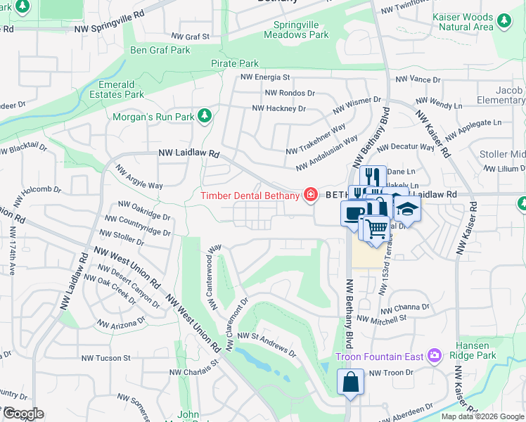 map of restaurants, bars, coffee shops, grocery stores, and more near 16053 Northwest Hildago Lane in Portland