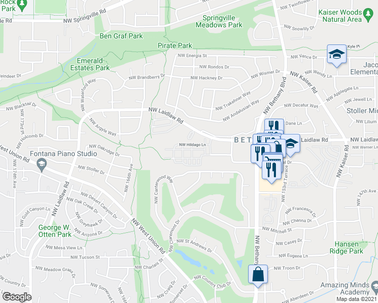 map of restaurants, bars, coffee shops, grocery stores, and more near 4858 Northwest Olivares Terrace in Portland